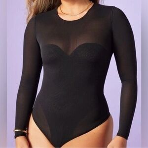 Yitty Mesh Smoothing Bodysuit 3X Sheer Long Sleeved Thong Stretch Black Plus